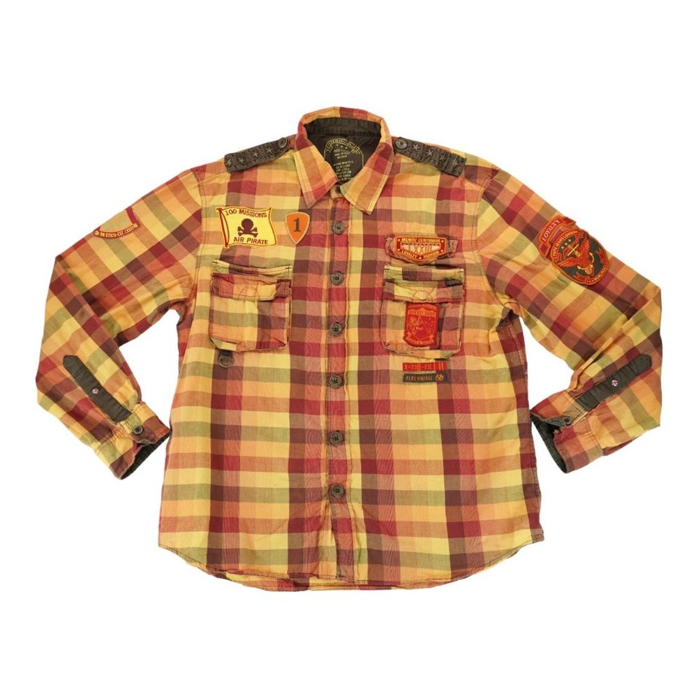 Vintage Pepe Jeans London Mens Embroidered Button Down Brown Plaid Shirt 2XL